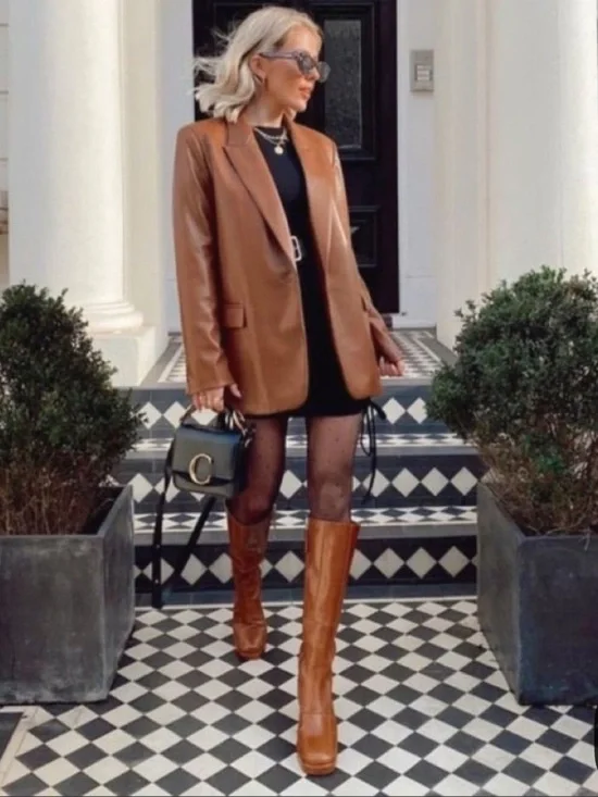 Zara Cognac Brown Faux Leather Blazer - Picture 1 of 5